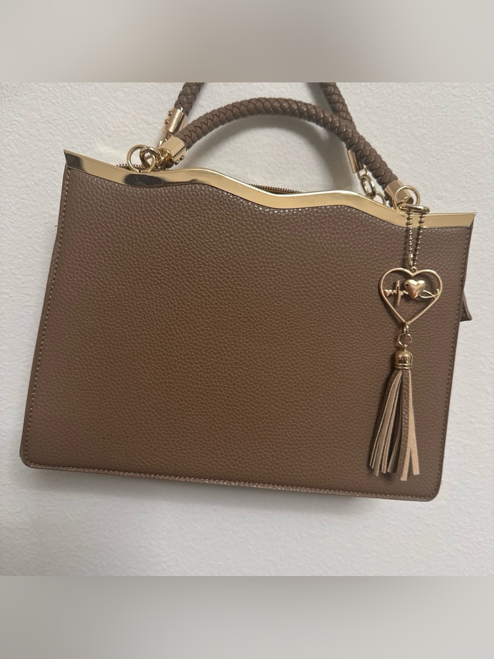 Taupe Structured Top-Handle Bag with Gold Accent